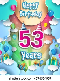 53 Years Birthday Celebration Design for greeting cards and poster, with clouds and gift box, balloons. design template for birthday celebration.