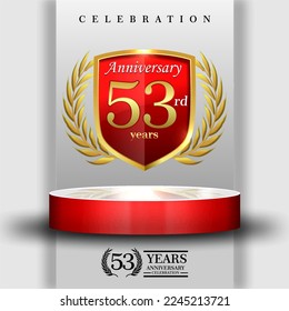 53 years gold anniversary celebration logo with 3d red cylinder podium , isolated on grey background