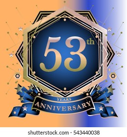 53 years greeting card anniversary with colorful number and frame. logo and icon with circle badge and background