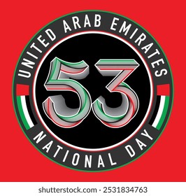 53 years of UAE. Celebrating National Day. Illustration of UAE National Flag and colors in the shape of number 53. Spirit of the Union. December 2nd. Vector file.