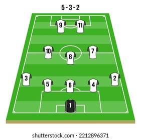 5-3-2 Football team formation in white shirt. Soccer or football field with numbers. Vector Illustration isolated on white background