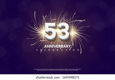 53rd anniversary background with illustrations of white numbers in front of exploding firecrackers.