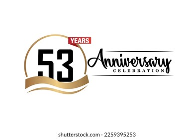 53rd anniversary celebration logo vector design with gold black and red color on white background cute black color font  