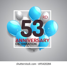 53rd anniversary celebration logotype. anniversary logo with balloon in white rectangle.  Vector design for celebration, birthday, party, festival, invitation card, and greeting card