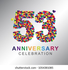 53rd anniversary design logotype paper hearts multi-color for celebration