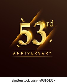 53rd anniversary glowing logotype with confetti golden colored isolated on dark background, vector design for greeting card and invitation card.