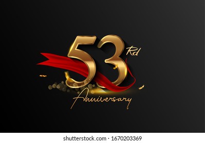53rd anniversary logo with red ribbon and golden confetti isolated on elegant background, sparkle, vector design for greeting card and invitation card.