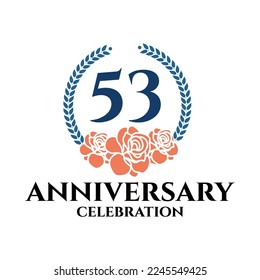 53rd  anniversary logo with rose and laurel wreath, vector template for birthday celebration.