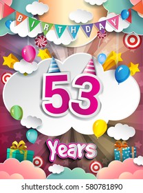 53rd Birthday Celebration greeting card Design, with clouds and balloons. Vector elements for the celebration party of fifty three years anniversary