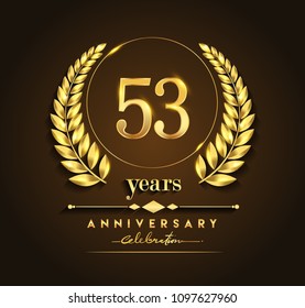 53rd gold anniversary celebration logo with golden color and laurel wreath vector design.