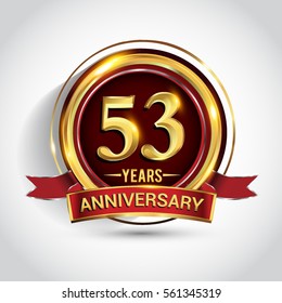 53rd golden anniversary logo, fifty three years birthday celebration with ring and red ribbon isolated on white background