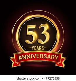 53rd golden anniversary logo with ring and red ribbon. Vector design template elements for your birthday celebration.