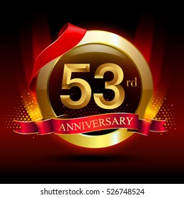 53rd golden anniversary logo with ring and red ribbon. Vector design template elements for your birthday celebration.