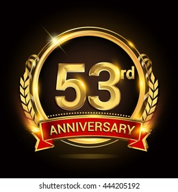 53rd golden anniversary logo, with shiny ring and red ribbon, laurel wreath isolated on black background, vector design