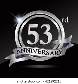 53rd silver anniversary logo with ring and ribbon. Vector design template elements for your birthday celebration.