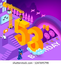 53rd year Anniversary Celebration concept with characters. Flat isometric vector illustration