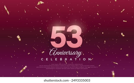 53th Anniversary celebration, 53 Anniversary celebration, Dark purple background, festive illustration,Realistic 3d sign, stars, Pink number with red ribbon 53 sparkling confetti, 53,54
