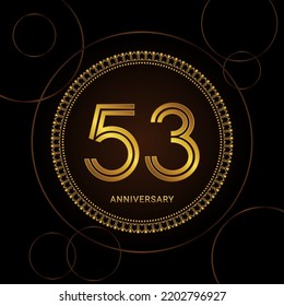 53th Anniversary Celebration with golden text and ring, Golden anniversary vector template