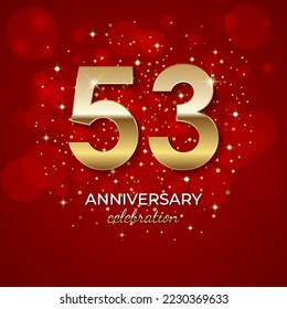 53th Anniversary. Golden number 53 with sparkling confetti and glitters for celebration events, weddings, invitations and greeting cards. Realistic 3d sign. Vector festive illustration