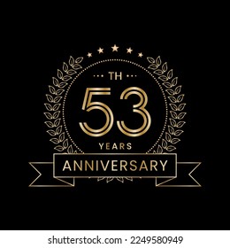 53th Anniversary logo design with laurel wreath for celebration event, invitation, banner, poster, flyer, greeting card. Line Art Design, Logo Vector Illustration