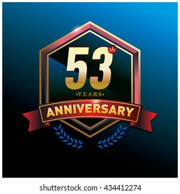 53th anniversary logo with gold ring and red ribbon. Anniversary signs illustration. Gold anniversary logo design and illustration