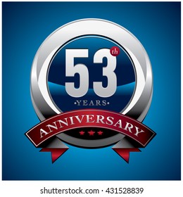 53Th anniversary logo with red ribbon. Anniversary signs illustration. Silver anniversary logo with red ribbon and circle ring