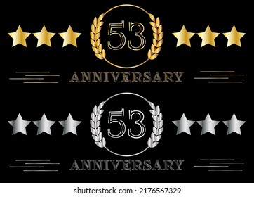 53° aniversario marcó oro y plata. Celebrando el cumpleaños, pancarta para una fecha especial con el anillo en el fondo aislado.