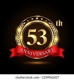 53th golden anniversary logo, with shiny ring and red ribbon, Laurel wrath isolated on black background, vector design