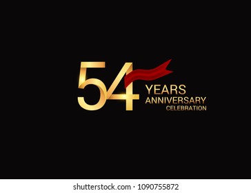 54 anniversary vector design golden colored with red ribbon isolated on black background