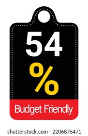 54% Budget Friendly sign tag, label vector art Black Background white and yellow lettering
