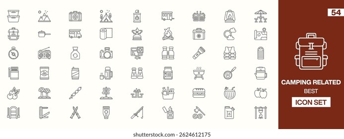 54 Camping Icons: Minimalist Line-Art Designs Depicting Tents, Campfires, Cooking Tools, Backpacks, Maps, Lanterns, and Outdoor Essentials for Travel-Themed Projects and Adventures