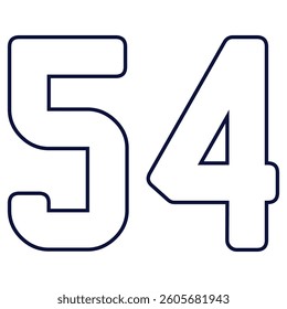 54 Classic Vintage Sport Jersey Uniform numbers in black with a black outside contour line number on white background for American football, Baseball and Basketball or soccer for shirt