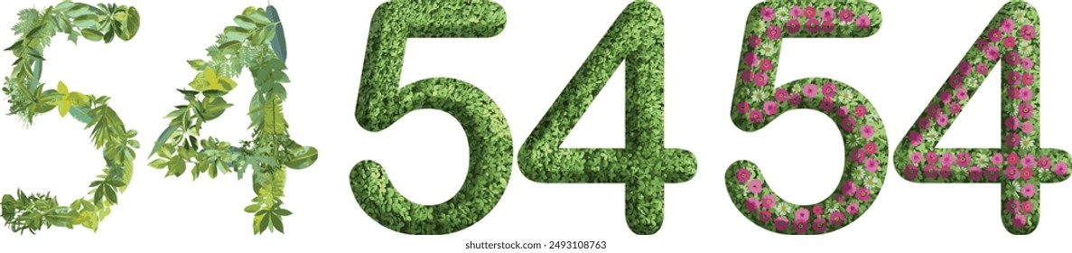 54, design made from green grass, leaves and flower, .suitable for birthday, anniversary and memorial day templates, go green concept	
