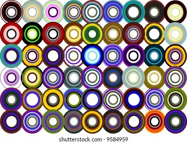 54 different shapes and colors of retro circles.