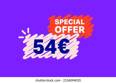 54 Euro OFF Sale Discount banner shape template. Super Sale Euro 54 Special offer badge end of the season sale coupon bubble icon. Modern concept design. Discount offer price tag vector illustration.