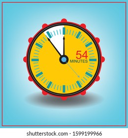 54 Fifty Four Minutes Clock Icon. Vector Time Symbol With Blue Background