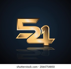 Logotipo Gold 3D Number 54 con fondo oscuro y reflexión realista