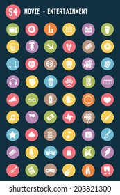 54 Media and entertainment flat icons,colour vector