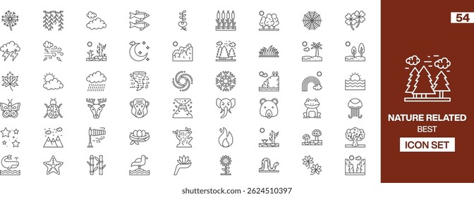 54 NatureThemed Editable Icons: Dandelion, Clouds, Animals, Weather, Plants, Landscapes, and More in a Clean Line-Art Style for Projects Focused on Environmental and Natural Beauty