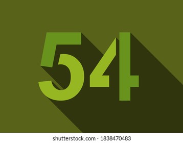 54 Number with long shadow, green colors cutting style. For logo, brand label, design elements, corporate identity, application & more. Vector editable illustration.