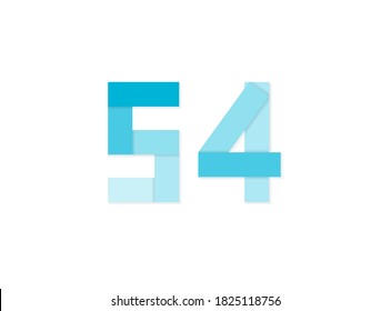 54 number, vector logo, paper cut desing font made of blue color tones .Isolated on white background. Eps10 illustratio5