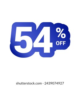 54% off. Discount number of percent sign in white and blue colors. Fifty four percent of discount. Symbol tag vector badge template. Sale offer price sign.