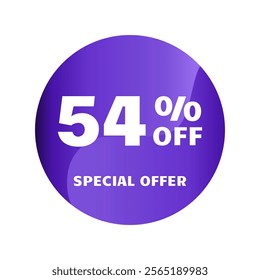 54% off. Fifty four percent off, Special Offer. Discount sale banner design template. Discount tag. Vector illustration. Purple Design.