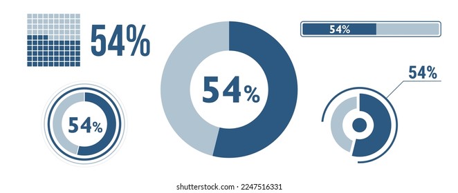 54 percent loading data icon set. Fifty-four circle diagram, pie donut chart, progress bar. 54% percentage infographic. Vector concept collection, blue color.