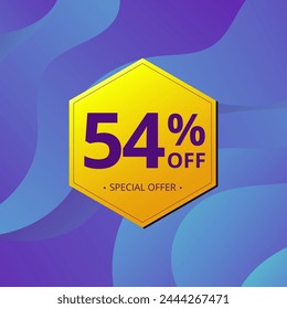 54% Sale and Discount Label. Fifty four percent Sale Discount label Geometric design. Abstract Blue and Yellow Hexagon. Vector illustration.