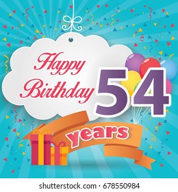 54 th birthday celebration greeting card origami paper art design, birthday party poster background with clouds, balloon, ribbon and gift box full color. fifty four anniversary celebrations