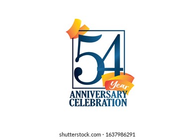 54 Year Anniversary Blue Color with Block Frame and Orange-Yellow Ribbon for ads, greeting card, banner - Vector