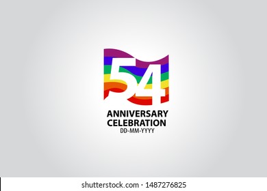 54 year anniversary celebration logotype with white number Emboss Style isolated on LGBT Colorful Flag on white grey background for invitation card, banner or flyer - vector