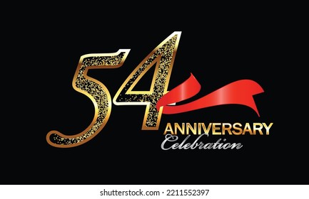 54 Year Anniversary celebration Vector Design with red ribbon and glitter. 54th Anniversary celebration. Gold Luxury Banner of 54th Anniversary. fifty-fourth celebration card