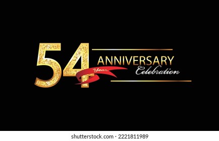 54 Year Anniversary celebration Vector Design. 54th Anniversary celebration. Gold Luxury Banner of 54th Anniversary celebration with red ribbon and glitter. Background celebration. Vector anniversary